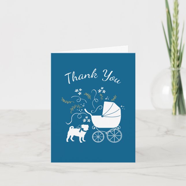 Carte De Remerciements Carlin Chien Baby shower Garçon Bleu avec Bow (Devant)