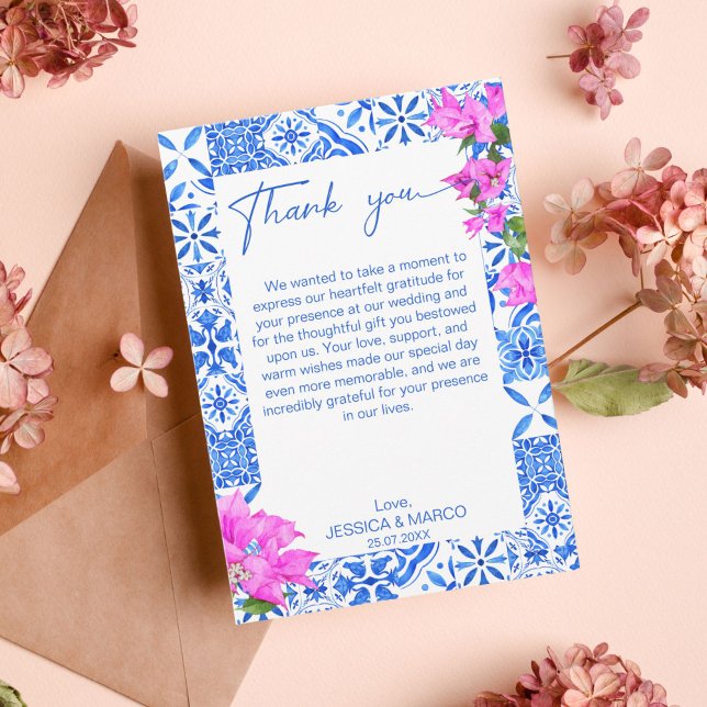 Carte De Remerciements Carrelage bleu Bougainvillea élégant (Créateur téléchargé)