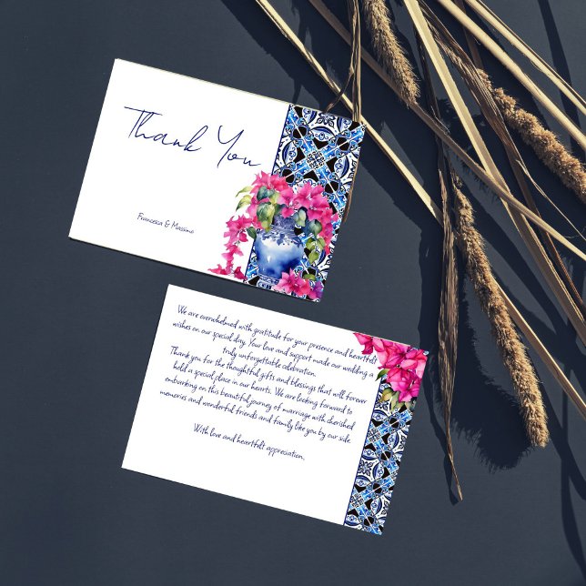 Carte De Remerciements Carrelage bleu Bougainvillea mariage élégant (Blue French Tiles Bougainvillea in ceramic vase elegant wedding Thank You Cards modern handwriting )