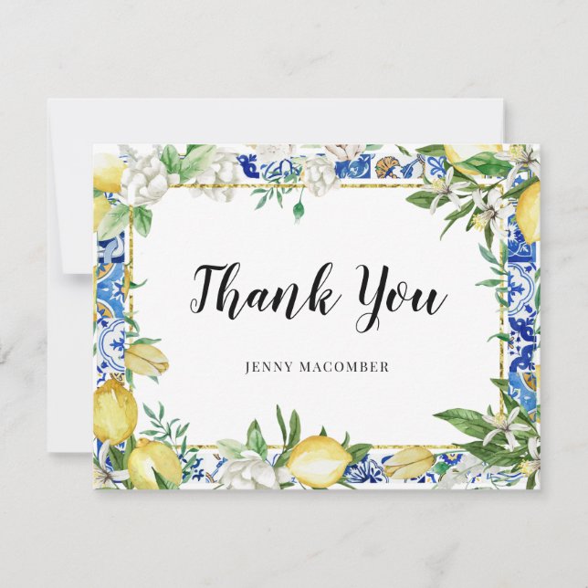 Carte De Remerciements Carrelage bleu floral blanc citron (Devant)