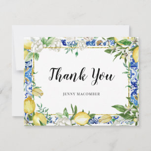 Carte De Remerciements Carrelage bleu floral blanc citron