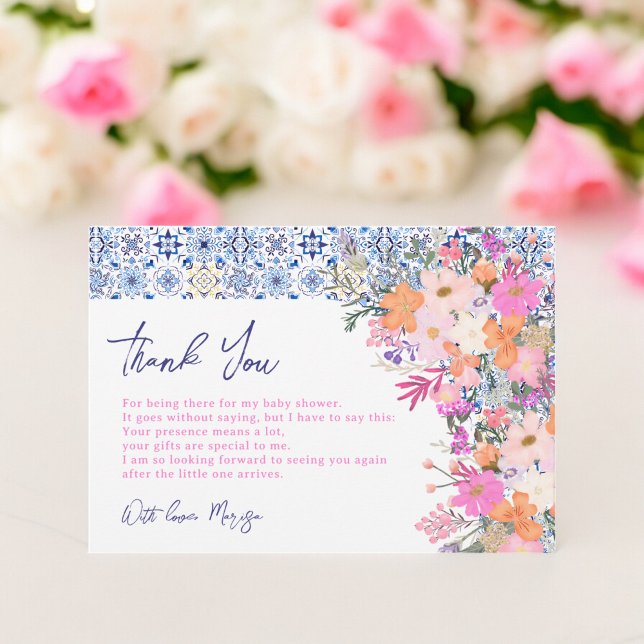 Carte De Remerciements Carrelage bleu italien baby shower floral aquarell (Italian blue tiles watercolor floral baby shower thank you card)