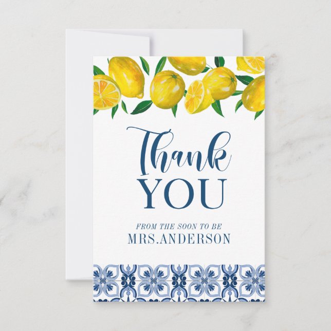 Carte De Remerciements Carrelage bleu italien Fête des mariées citron Mer (Devant)