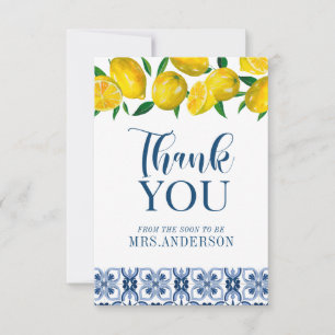 Carte De Remerciements Carrelage bleu italien Fête des mariées citron Mer