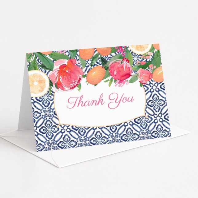 Carte De Remerciements Carrelage méditerranéen rose et orange bleu pour s (Vibrant Mediterranean theme thank you card design)