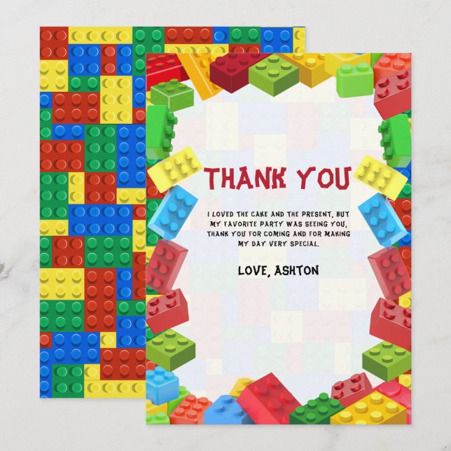 Carte De Remerciements Carton d'invitation d'anniversaire Blocs de constr (Devant / Derrière)