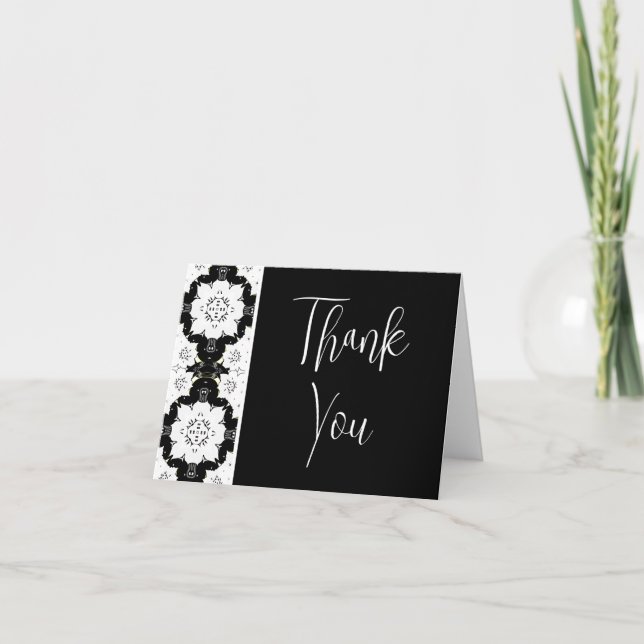 Carte De Remerciements Cartons d'invitation de mariage à fleurs noir et b (Devant)