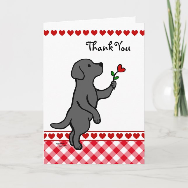Carte De Remerciements Cartoon noir Labrador minuscule à fleurs cardiaque (Devant)
