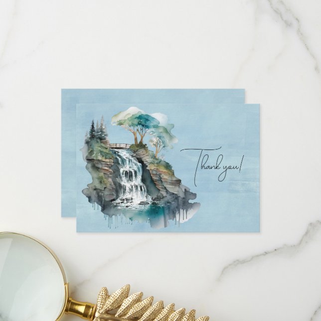 Carte De Remerciements Cascade et pont aquarelle peinture (Devant/Arrière en situation)