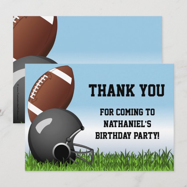 Carte De Remerciements Casque de sport/balle/football d'herbe fête d'anni (Devant / Derrière)