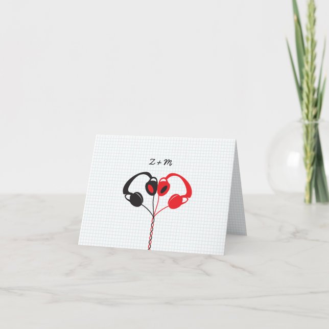 Carte De Remerciements Casque rétro Indie Mariage de coeur rouge et noir (Devant)
