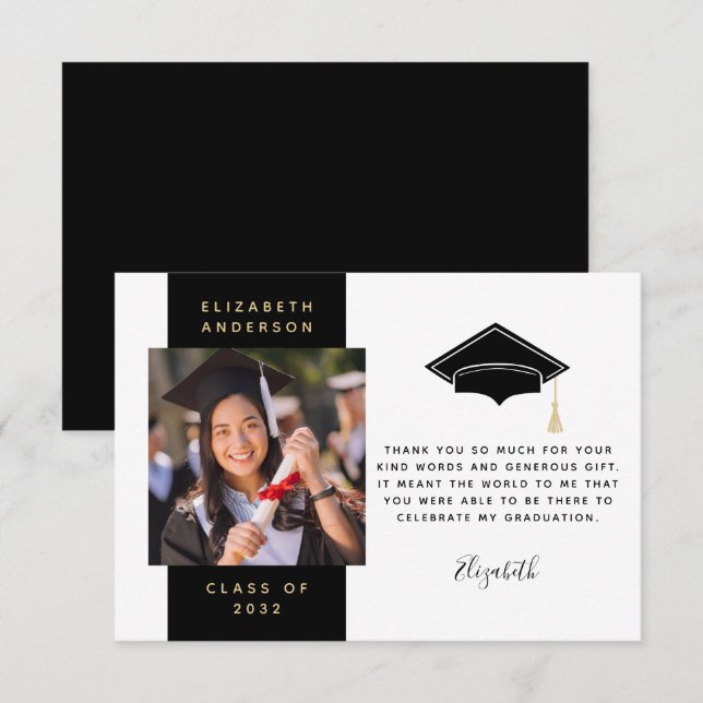Carte De Remerciements Casquette de graduation Black Gold (Devant / Derrière)