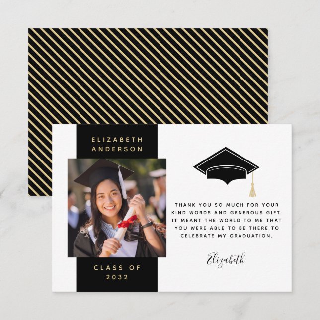 Carte De Remerciements Casquette de graduation Black Gold (Devant / Derrière)