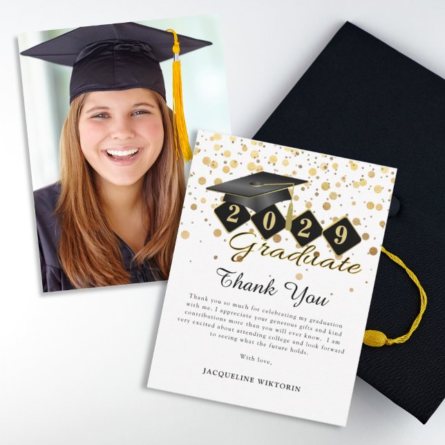 Carte De Remerciements Casquette de graduation classique Black Gold Photo (Classic Graduation Cap Black Gold Photo Thank You Card)