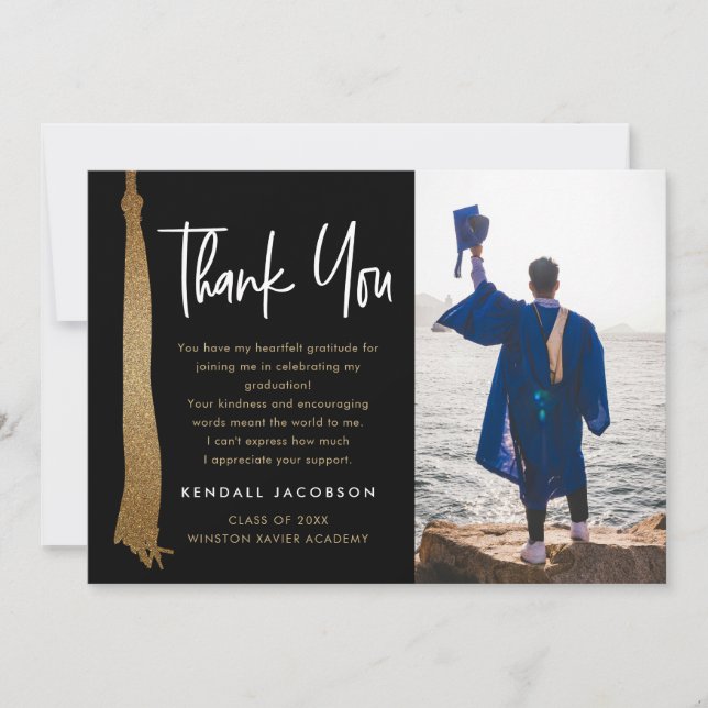 Carte De Remerciements Casquette de graduation moderne Gold Black Tassel  (Devant)