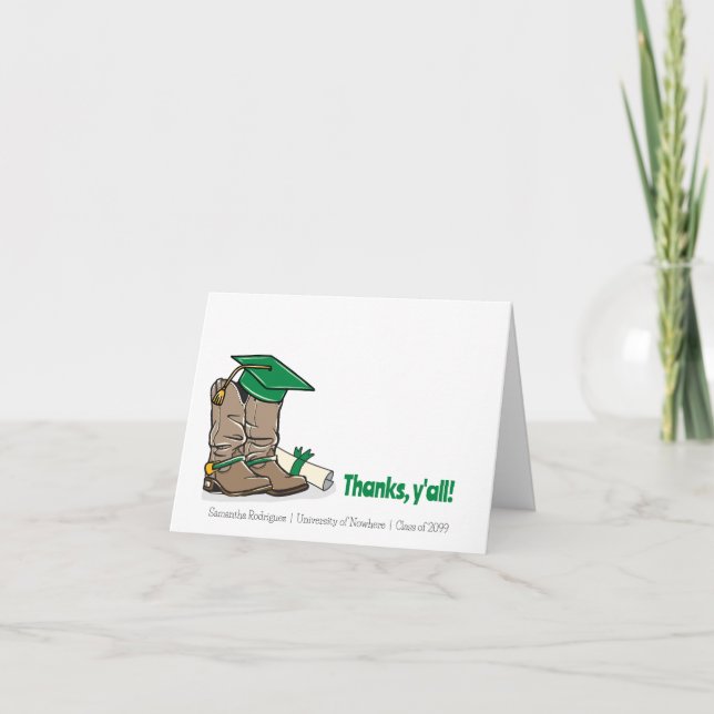 Carte De Remerciements Casquette de graduation verte et amorçage Cowboy (Devant)