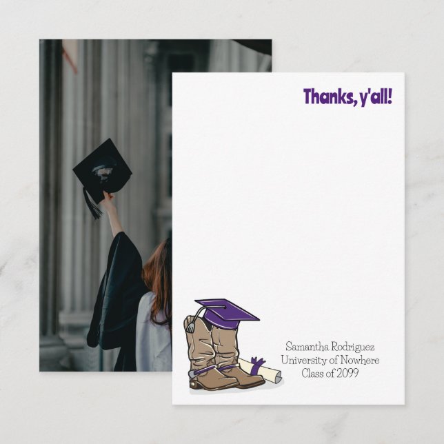 Carte De Remerciements Casquette de graduation violette et amorçage de co (Devant / Derrière)
