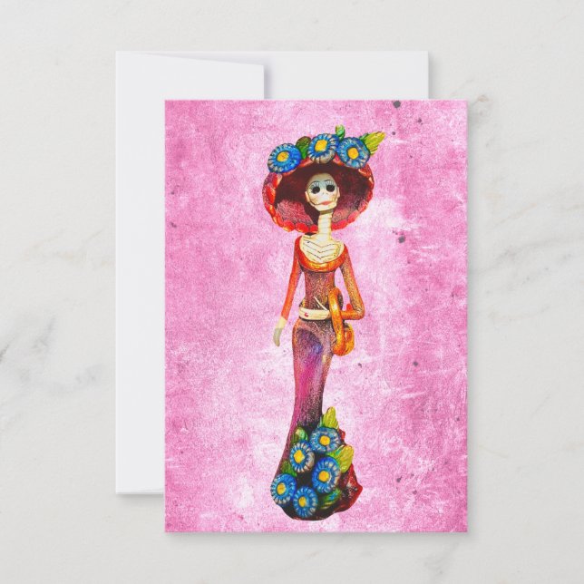 Carte De Remerciements Catrina Avec Robe Rouge & Fleurs Bleues Sur Rose W (Devant)