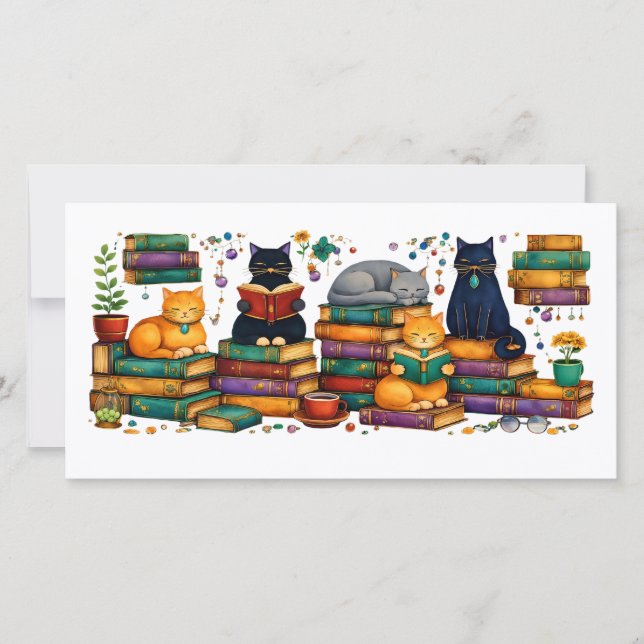 Carte De Remerciements Cats Reading Books Cozy Library Scene (Devant)