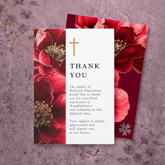 Carte De Remerciements Célébration chrétienne florale rouge de la vie (Red Christian Floral Celebration Of Life Thank You Card)