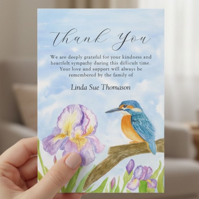 Carte De Remerciements Célébration de la vie Martin-pêcheur Iris violets (Créateur téléchargé)