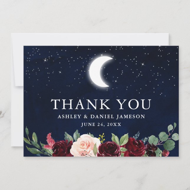 Carte De Remerciements Céleste Mariage Blue Sky Moon Stars Floral (Devant)