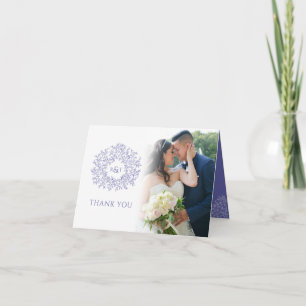 Carte De Remerciements Cercle feuille monogramme bleu mariage photos