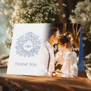Carte De Remerciements Cercle feuille monogramme bleu mariage photos