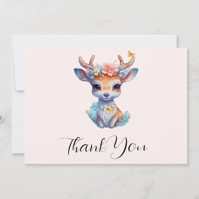 Carte De Remerciements Cerf de Bébé mignon avec Antlers et Fleurs (Devant)