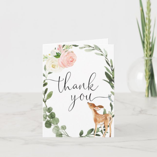 Carte De Remerciements Cerf de bois doré rose fille verte (Devant)