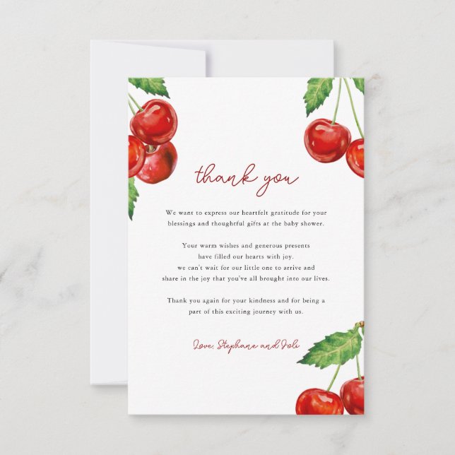 Carte De Remerciements Cerise sur le Baby shower supérieur (Devant)