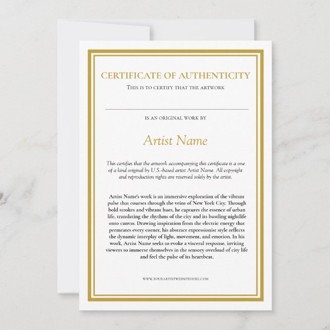 Carte De Remerciements Certificat d'authenticité avec déclaration d'artis (Devant)