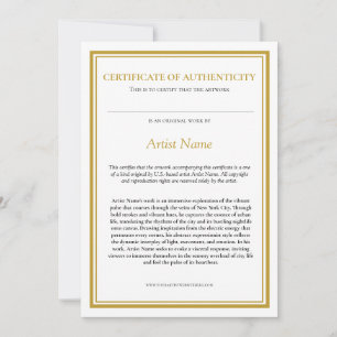 Carte De Remerciements Certificat d'authenticité avec déclaration d'artis
