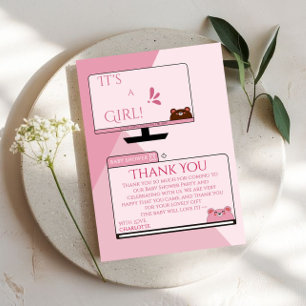 Carte De Remerciements C'est une fille ! Ours mignon Écran d'ordinateur B