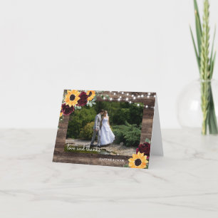 Carte De Remerciements Chaîne de tournesol en bois rustique Lumières Mari