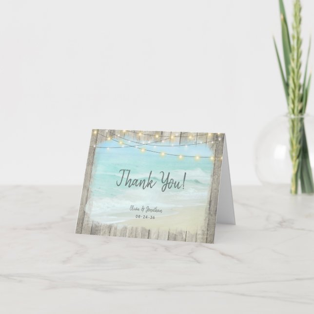 Carte De Remerciements Chaîne Rustique en bois éclaire Mariage de plage (Devant)