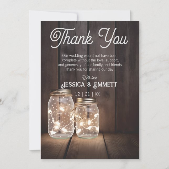 Carte De Remerciements Chaînes lumineuses en bois rustique Mariage Mason  (Devant)