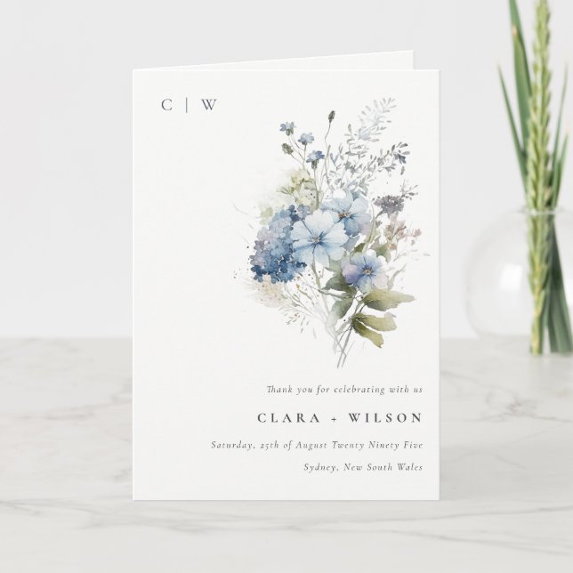 Carte De Remerciements Chalet bleu Dusky Mariage floral (Devant)