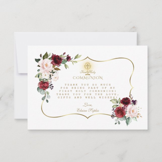 Carte De Remerciements Chalice de Bourgogne Floral Gold Cross (Devant)
