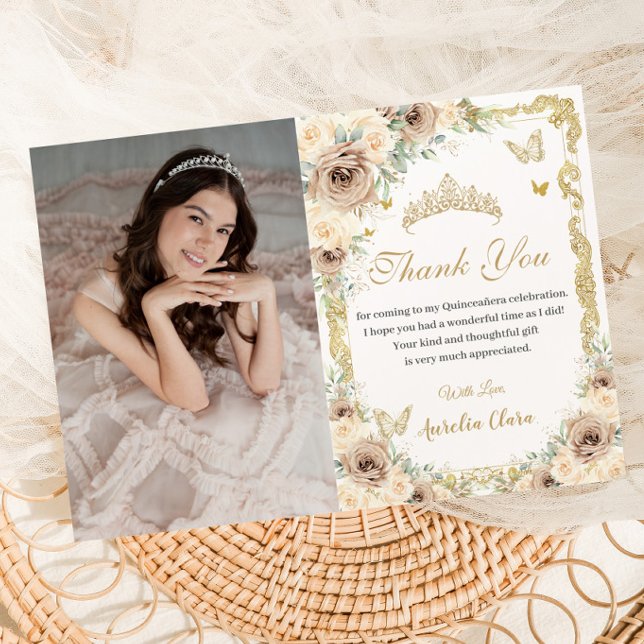 Carte De Remerciements Champagne Crème Florale Douze Ans Quinceañera (Créateur téléchargé)