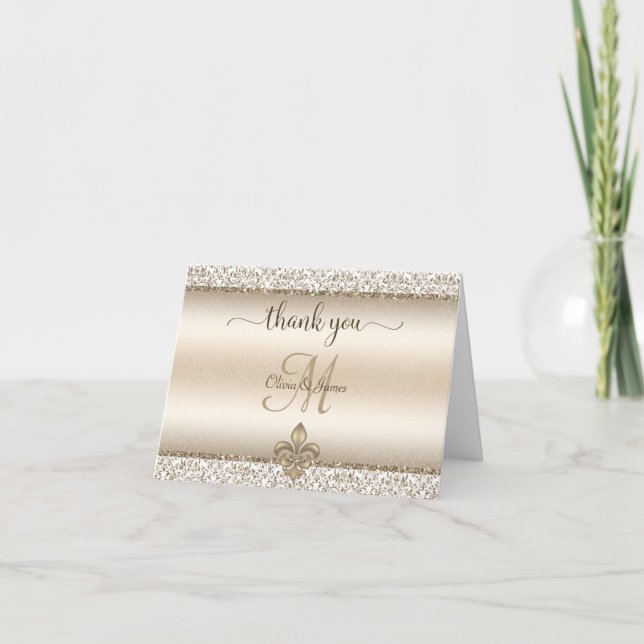 Carte De Remerciements Champagne Damask Monogramme Fleur De Lis Mariage (Devant)