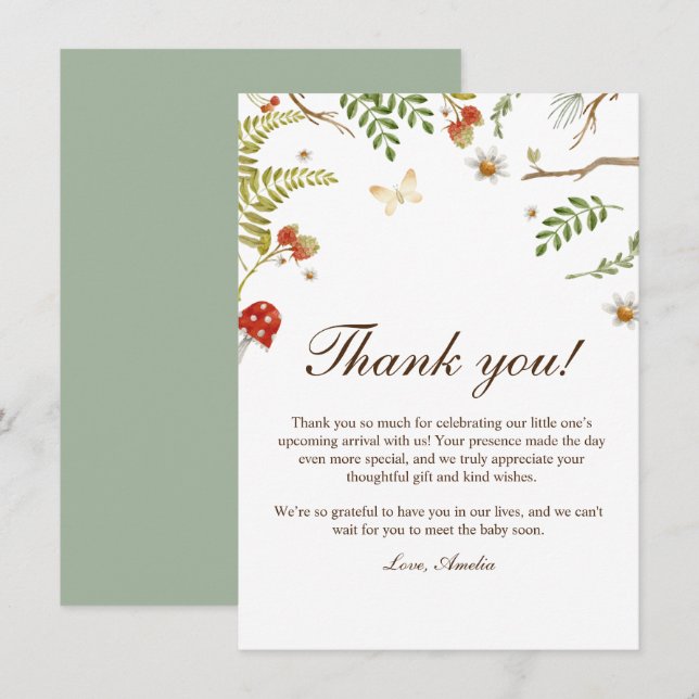 Carte De Remerciements Champignons des bois baby shower neutre (Devant / Derrière)