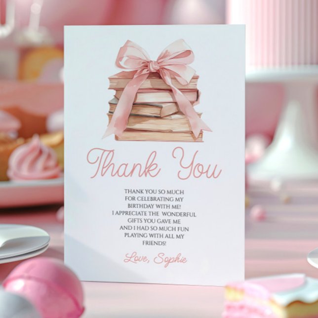 Carte De Remerciements Chapter Storybook Pink Bow Books Birthday Party (Créateur téléchargé)
