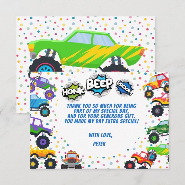 Carte De Remerciements Chariot beep vroom monstre camions anniversaire de (Devant / Derrière)