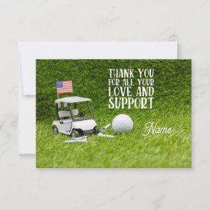 Carte De Remerciements Chariot de golf avec balle de golf et drapeau amér