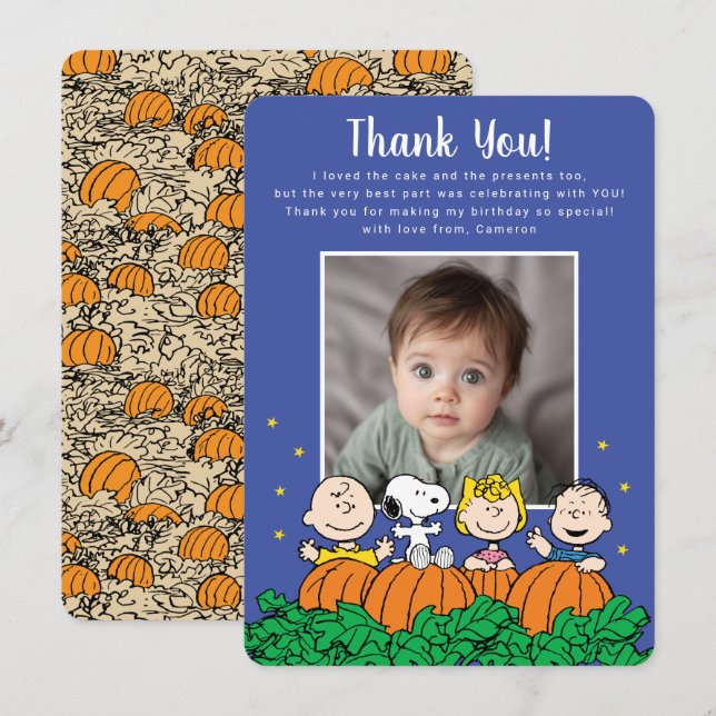 Carte De Remerciements Charlie Brown et Gang Citrouille Premier anniversa (Devant / Derrière)