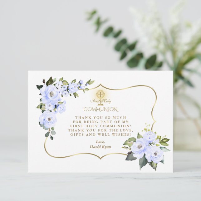 Carte De Remerciements Charm Blue Floral Gold Cross Garçon Sainte Communi (Debout devant)