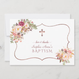Carte De Remerciements Charm rose Fleurs Rose Croix d'or Baptême