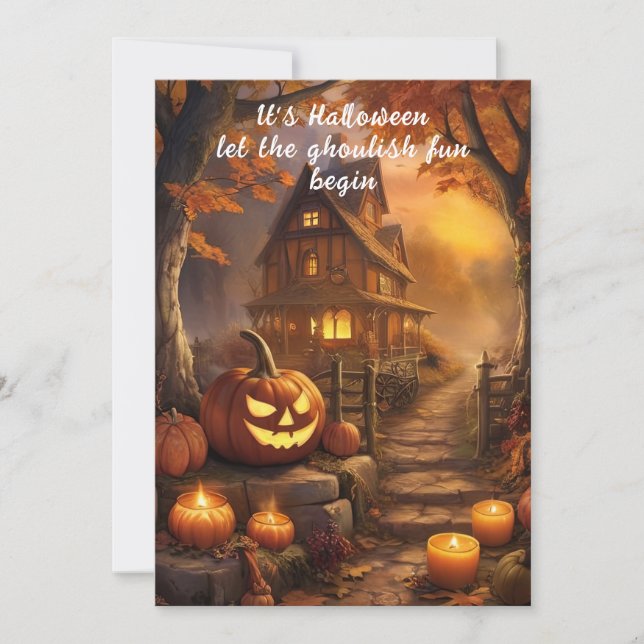Carte De Remerciements Charmant chalet d'Halloween Éffrayant avec Citroui (Devant)