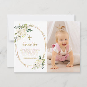 Carte De Remerciements Charmante Fleurs Blanches Gold Photo Girl Christen